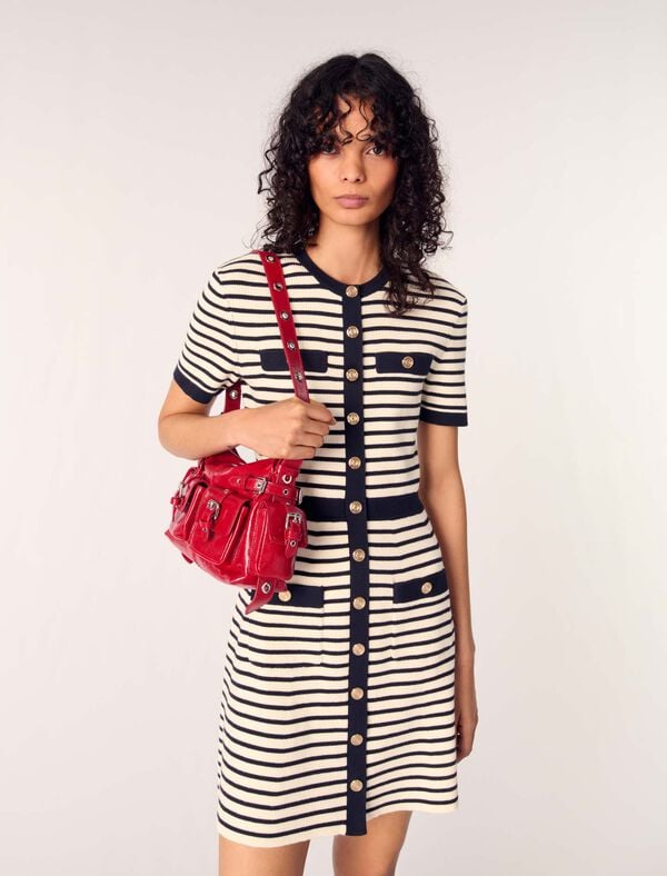 Maje Robe Courte En Maille Côtelée Marine / Ecru