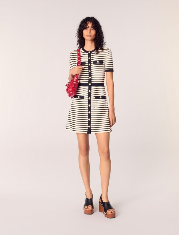 maje Robe courte en maille côtelée Marine / Ecru