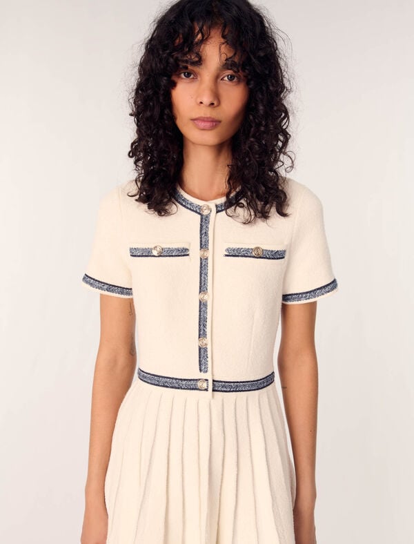 Maje Robe Courte En Maille Plissée Ecru