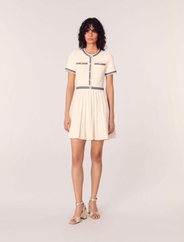 maje Robe courte en maille plissée Ecru