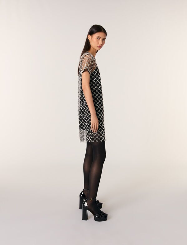 Maje Robe Courte En Tulle Brodé Noir