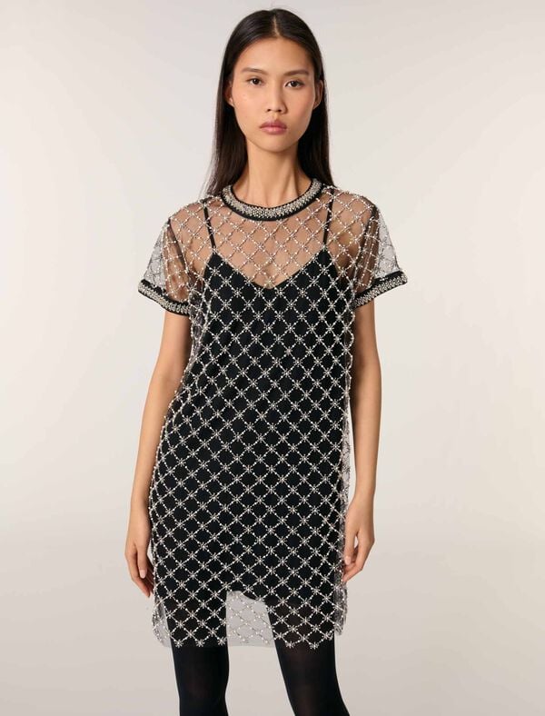 Maje Robe Courte En Tulle Brodé Noir