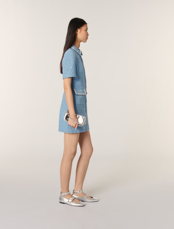 Maje Robe Courte En Tweed à Sequins Bleu