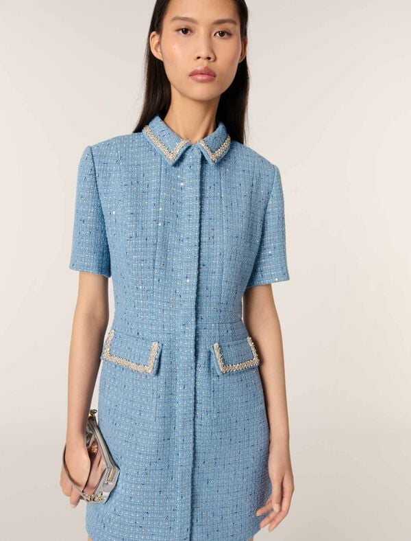 Maje Robe Courte En Tweed à Sequins Bleu