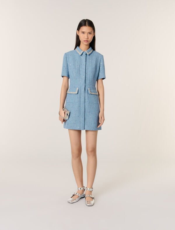 maje Robe courte en tweed à sequins Bleu