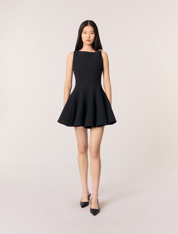 maje Robe courte évasée en tweed Noir
