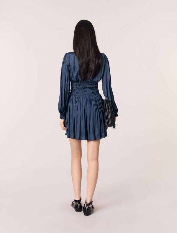 Maje Robe Courte Satinée à Volants Marine