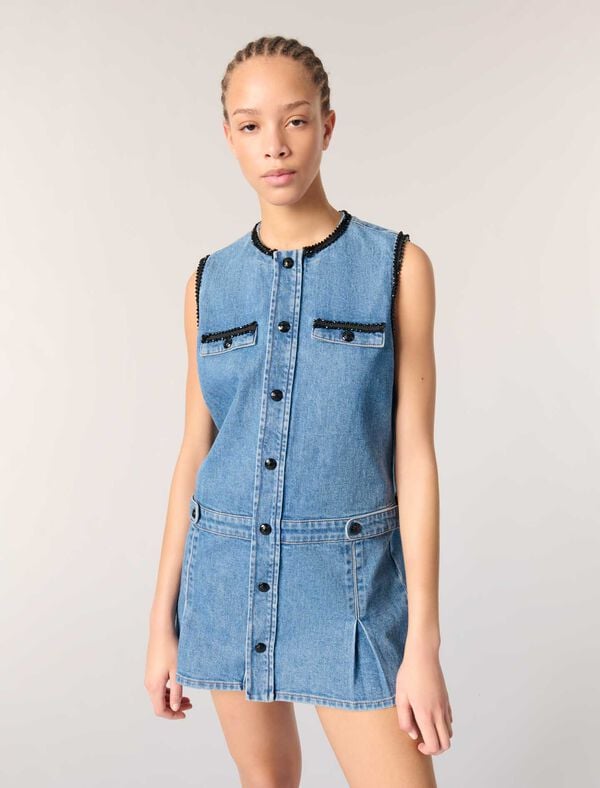 Maje Robe En Denim Et Galons Brodés Bleu