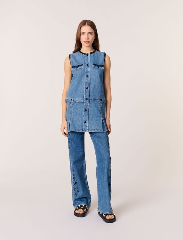 Maje Robe En Denim Et Galons Brodés Bleu