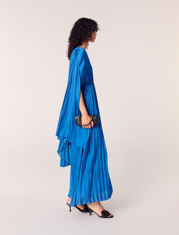 Maje Robe Longue à Cape Satinée Plissée Bleu