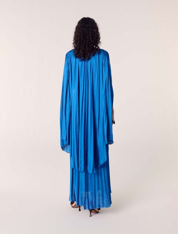 Maje Robe Longue à Cape Satinée Plissée Bleu