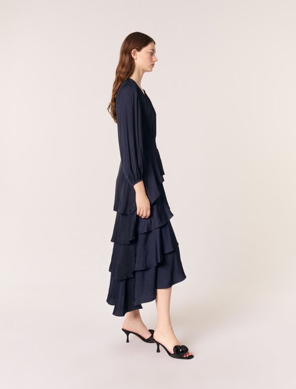Maje Robe Longue à Volants Marine