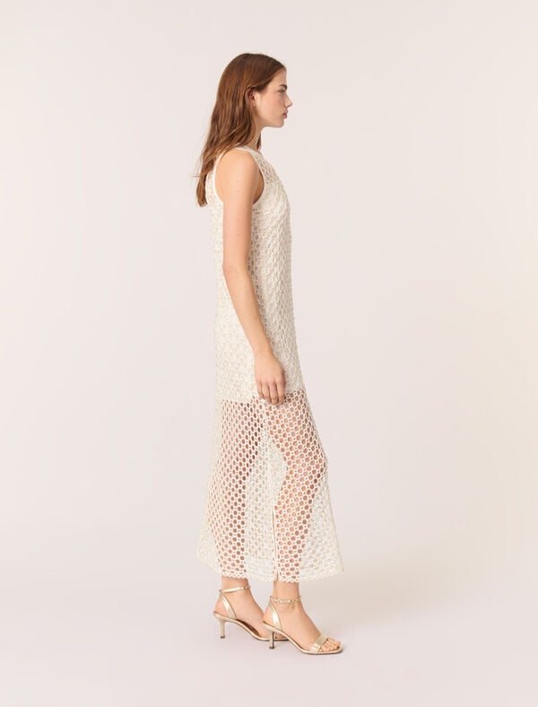 Maje Robe Longue En Crochet Avec Perles Marine