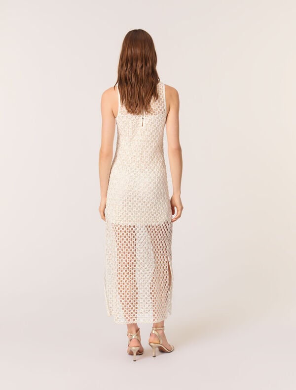 Maje Robe Longue En Crochet Avec Perles Marine