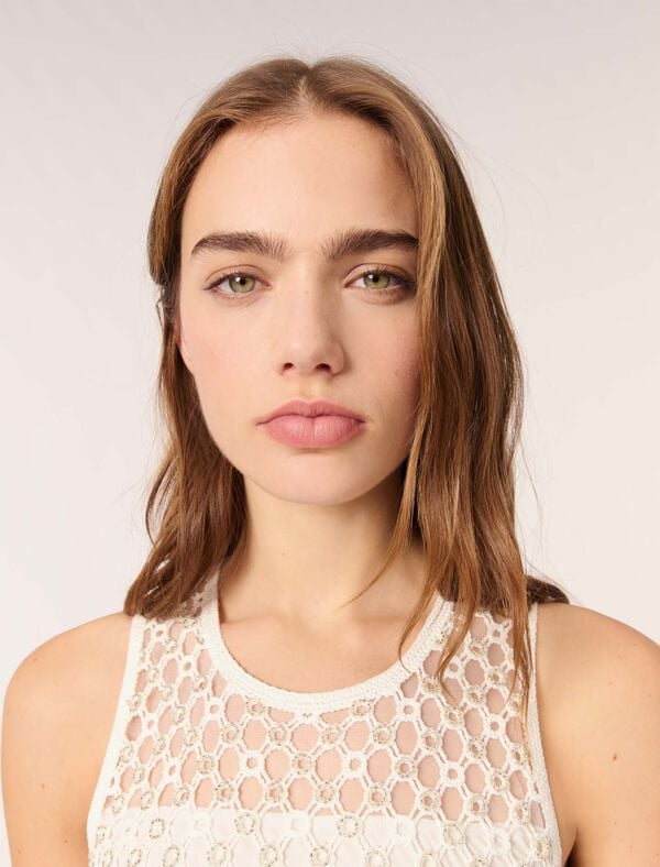 Maje Robe Longue En Crochet Avec Perles Marine
