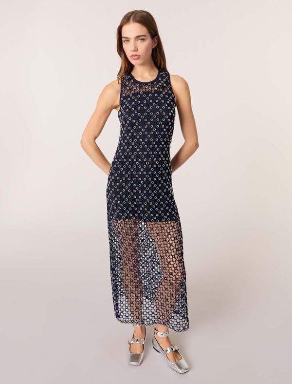 Maje Robe Longue En Crochet Avec Perles Marine