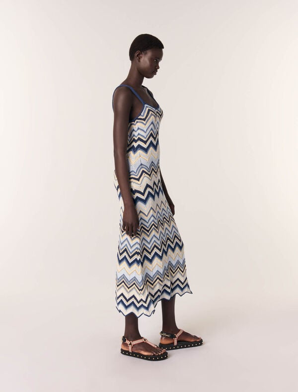 Maje Robe Longue En Crochet Bleu/Ecru
