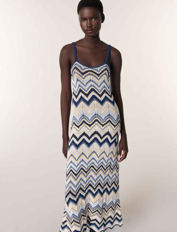 Maje Robe Longue En Crochet Bleu/Ecru