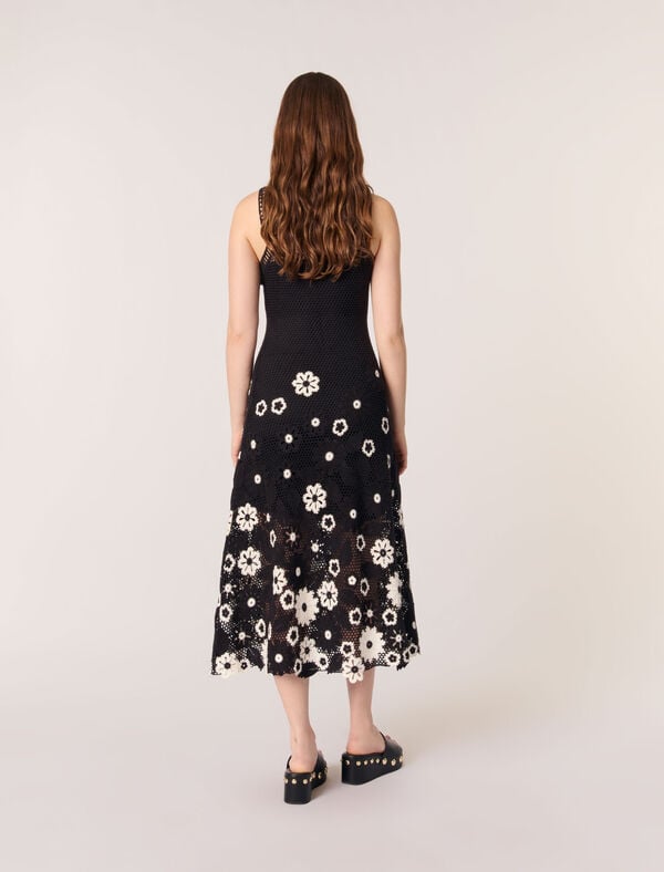 Maje Robe Longue En Crochet Floral Noir / Blanc