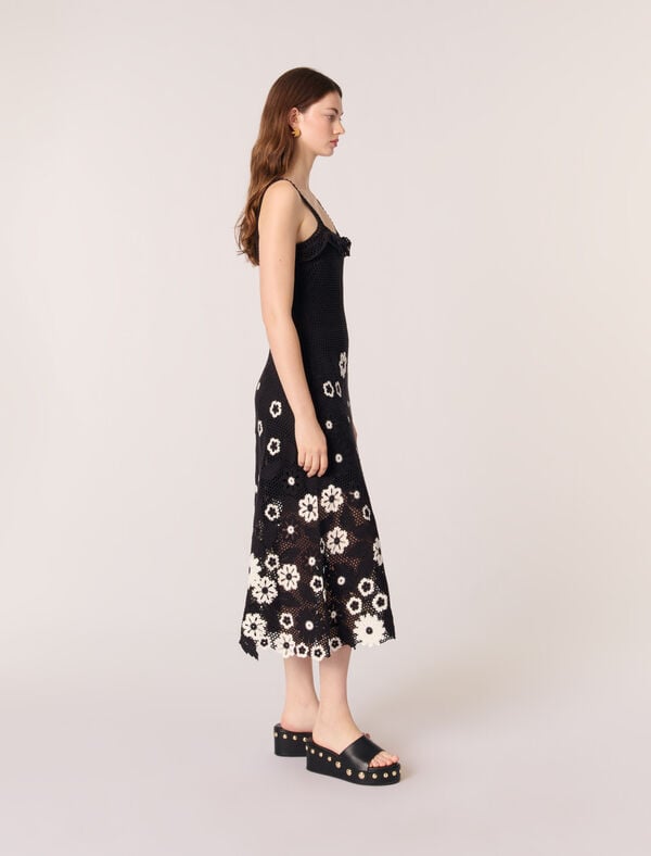 Maje Robe Longue En Crochet Floral Noir / Blanc