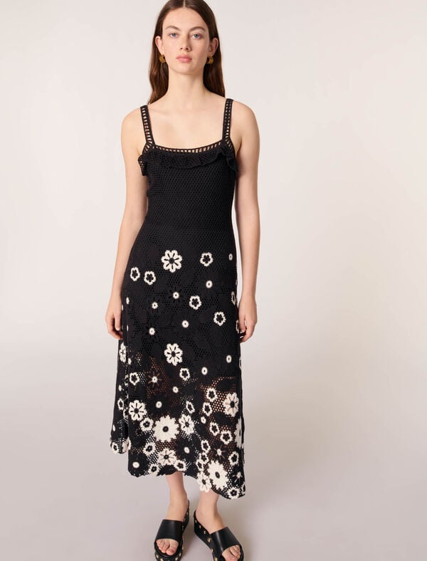 Maje Robe Longue En Crochet Floral Noir / Blanc
