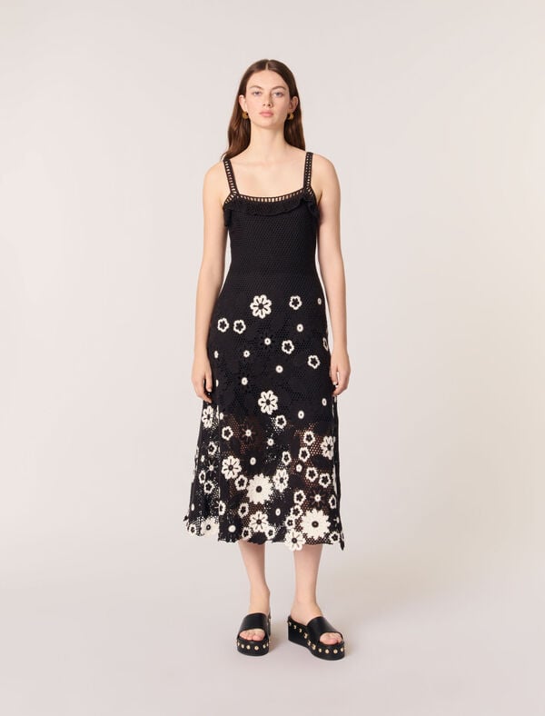 maje Robe longue en crochet floral Noir / blanc