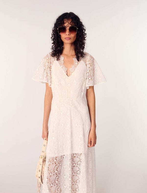 Maje Robe Longue En Guipure à Fleurs Blanc