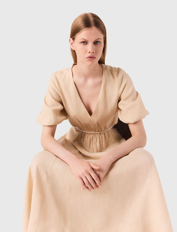 Maje Robe Longue En Lin Beige
