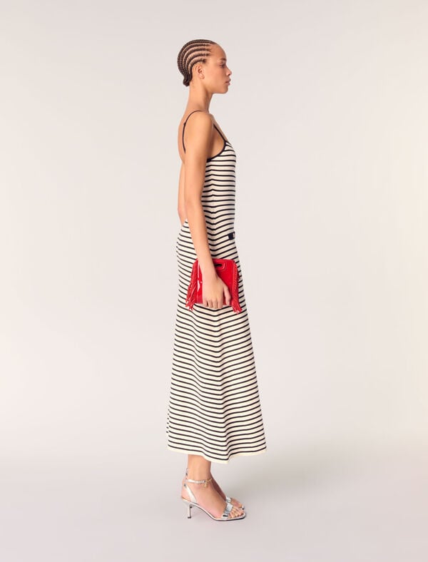 Maje Robe Longue En Maille Côtelée Marine / Ecru