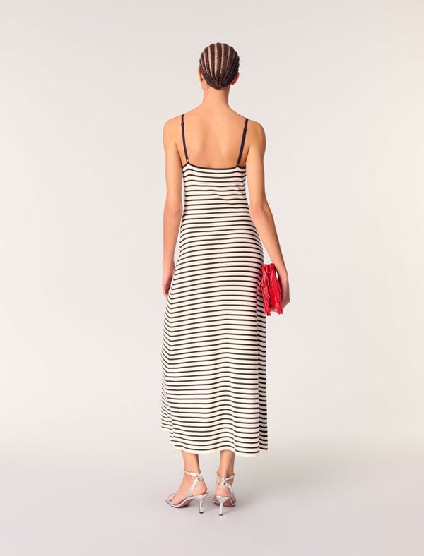 Maje Robe Longue En Maille Côtelée Marine / Ecru