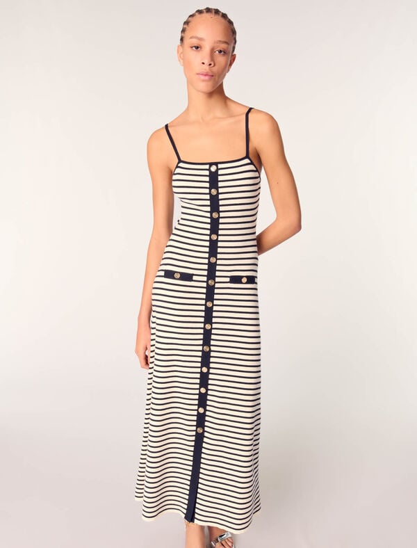 Maje Robe Longue En Maille Côtelée Marine / Ecru