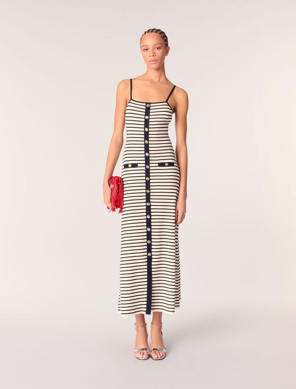 maje Robe longue en maille côtelée Marine / Ecru