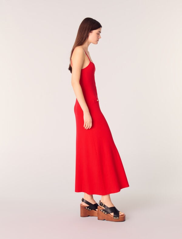 Maje Robe Longue En Maille Côtelée Rouge