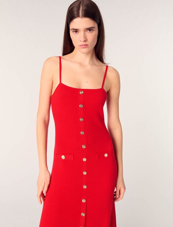 Maje Robe Longue En Maille Côtelée Rouge