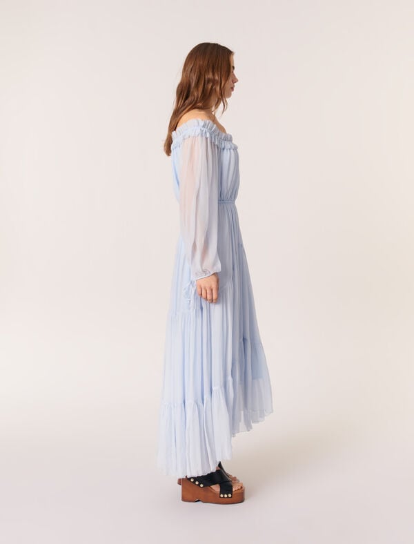 Maje Robe Longue En Mousseline Bleu Ciel