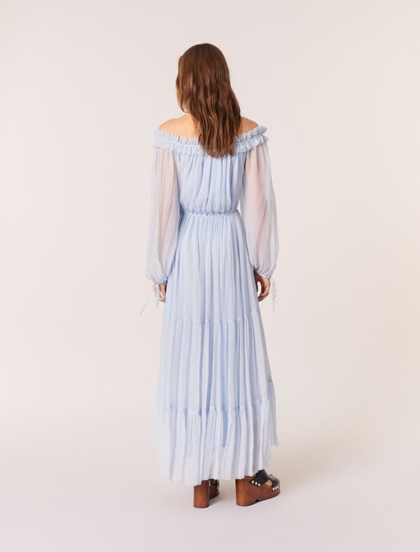 Maje Robe Longue En Mousseline Bleu Ciel