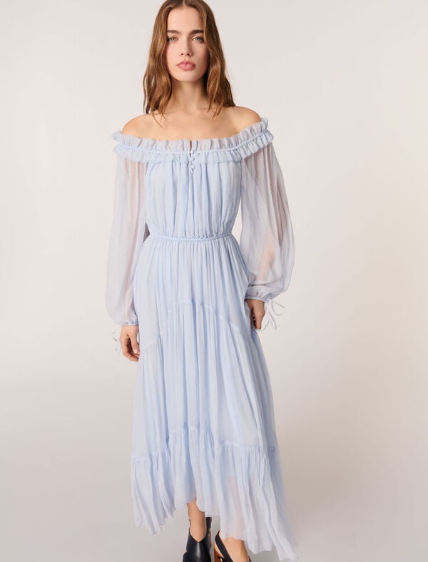 Maje Robe Longue En Mousseline Bleu Ciel