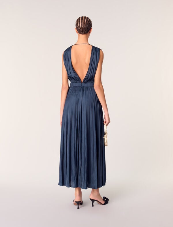 Maje Robe Longue Plissée Marine