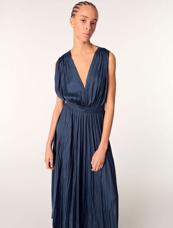 Maje Robe Longue Plissée Marine