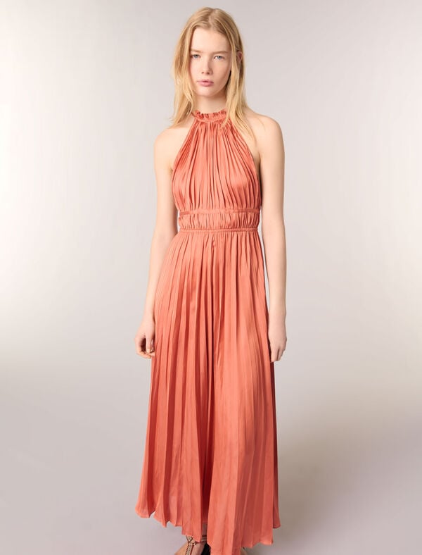 Maje Robe Longue Plissée Terracotta
