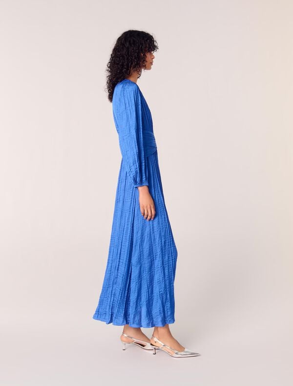 Maje Robe Longue Satinée Plissée Bleu