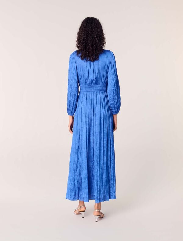 Maje Robe Longue Satinée Plissée Bleu