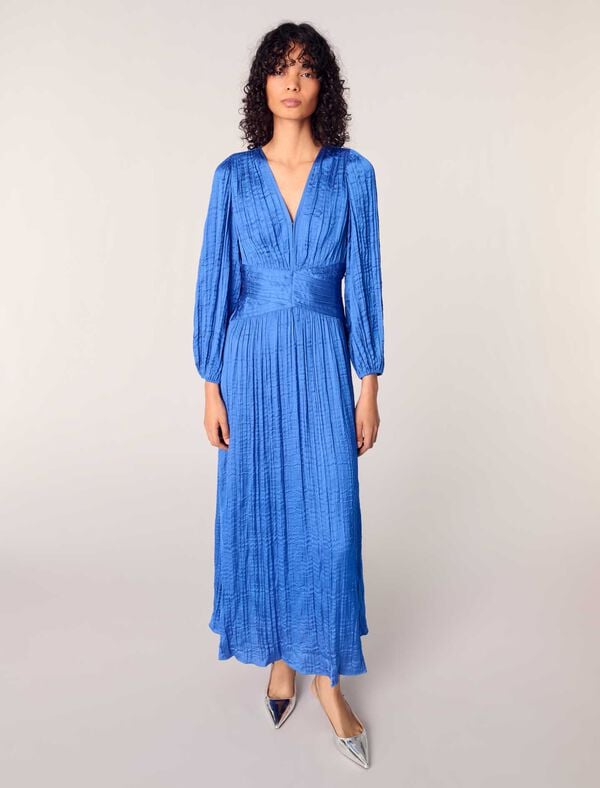 Maje Robe Longue Satinée Plissée Bleu