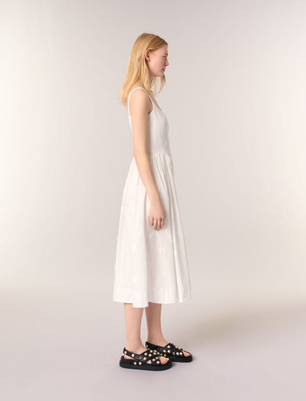 Maje Robe Midi En Coton Brodée Blanc