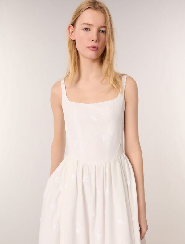 Maje Robe Midi En Coton Brodée Blanc