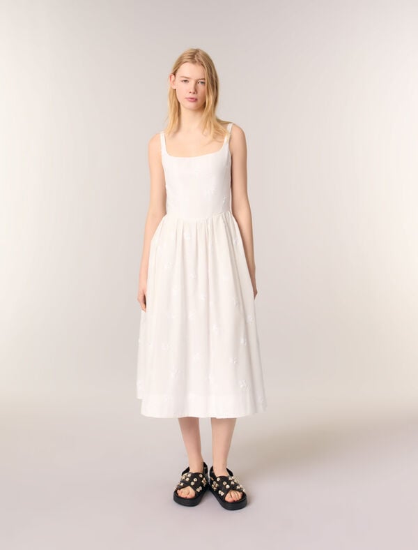 maje Robe midi en coton brodée Blanc
