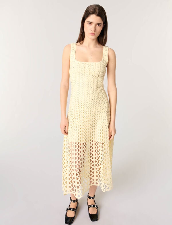 Maje Robe Midi En Crochet Strassé Jaune