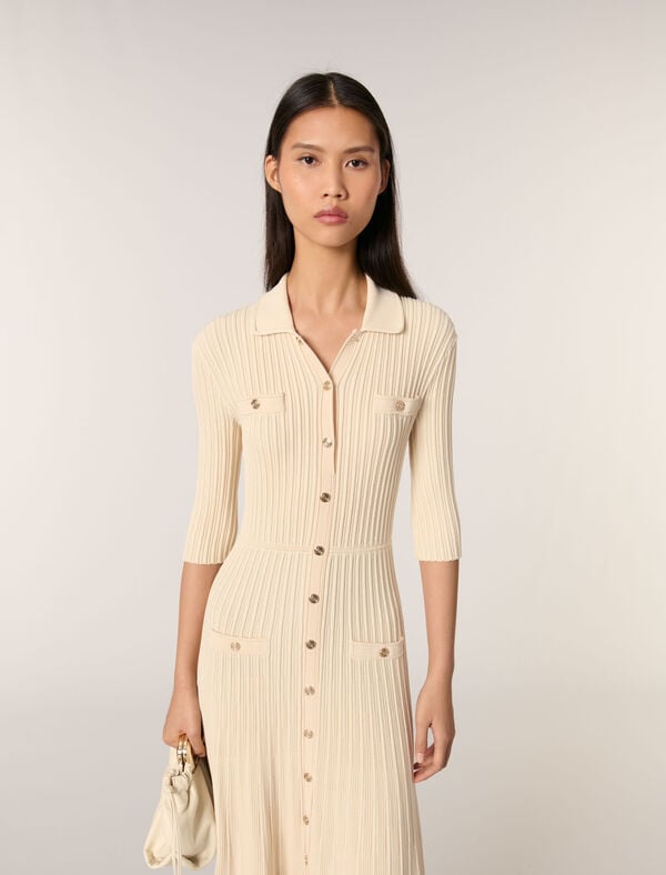 Maje Robe Midi En Maille à Sequins Beige