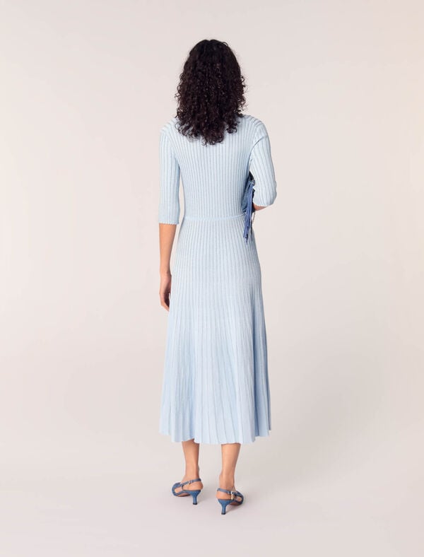 Maje Robe Midi En Maille Côtelée Bleu Ciel
