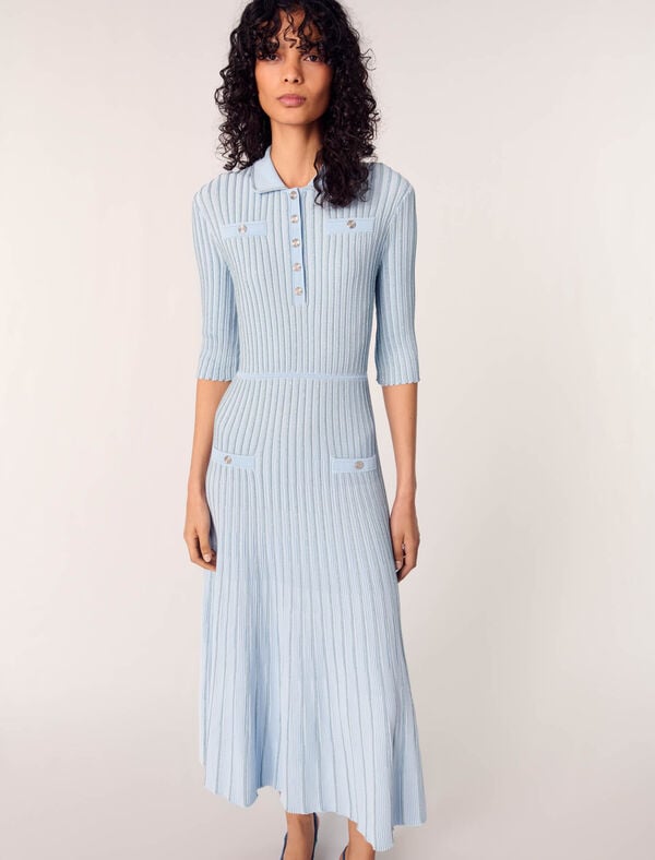 Maje Robe Midi En Maille Côtelée Bleu Ciel